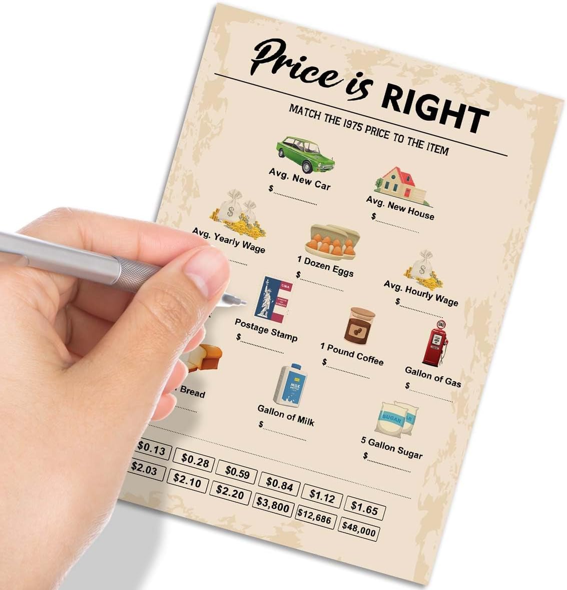 QUPT 50th Birthday Party Games, Price is Right Games, Birthday Party Supplies for Adults, Fun 1975s Party Game，Pack of 30 Cards