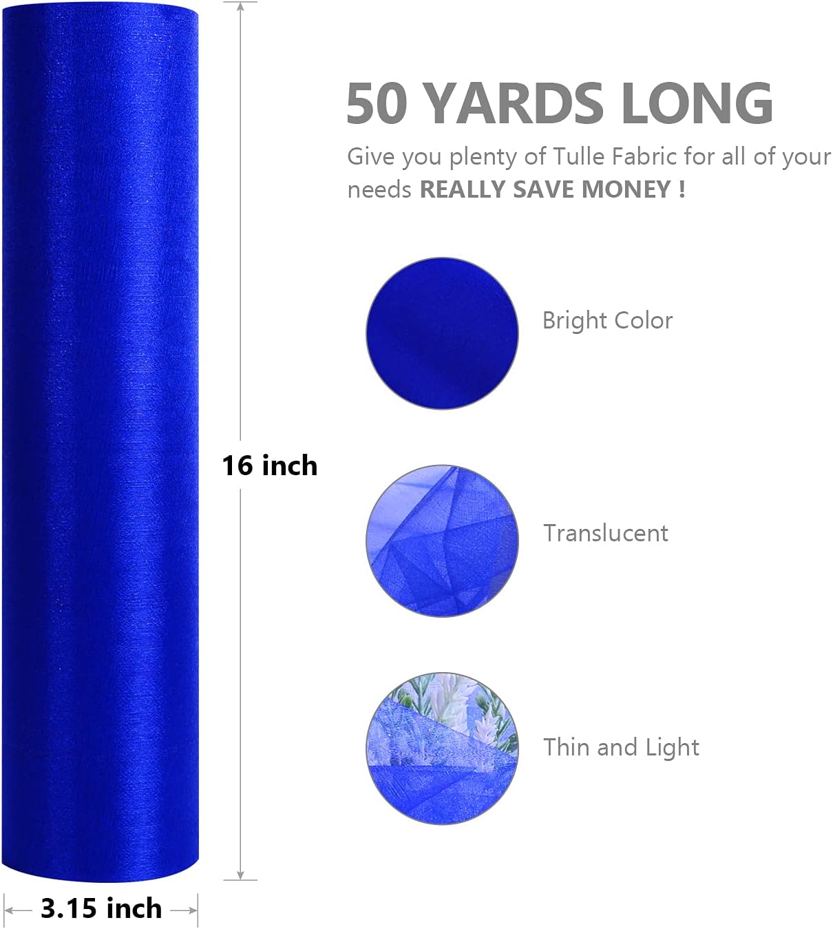 Crystal Organza Fabric Tulle - 16" by 50 Yards Sheer Fabric for Wedding Party Decoration Bridal Shower Tutu Roll Netting Spool Ribbon Wrapping (Royal Blue)