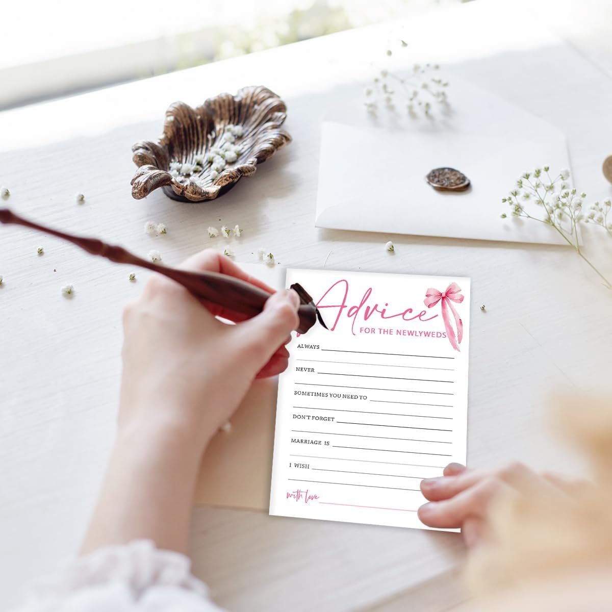 Wedding Shower Games Cards, Advice for The Newlyweds, Bridal Shower Games 25 Guests, Engagement Party Wedding Games for Guests, Pink Ribbon Bow Wedding Party Supplies - E01