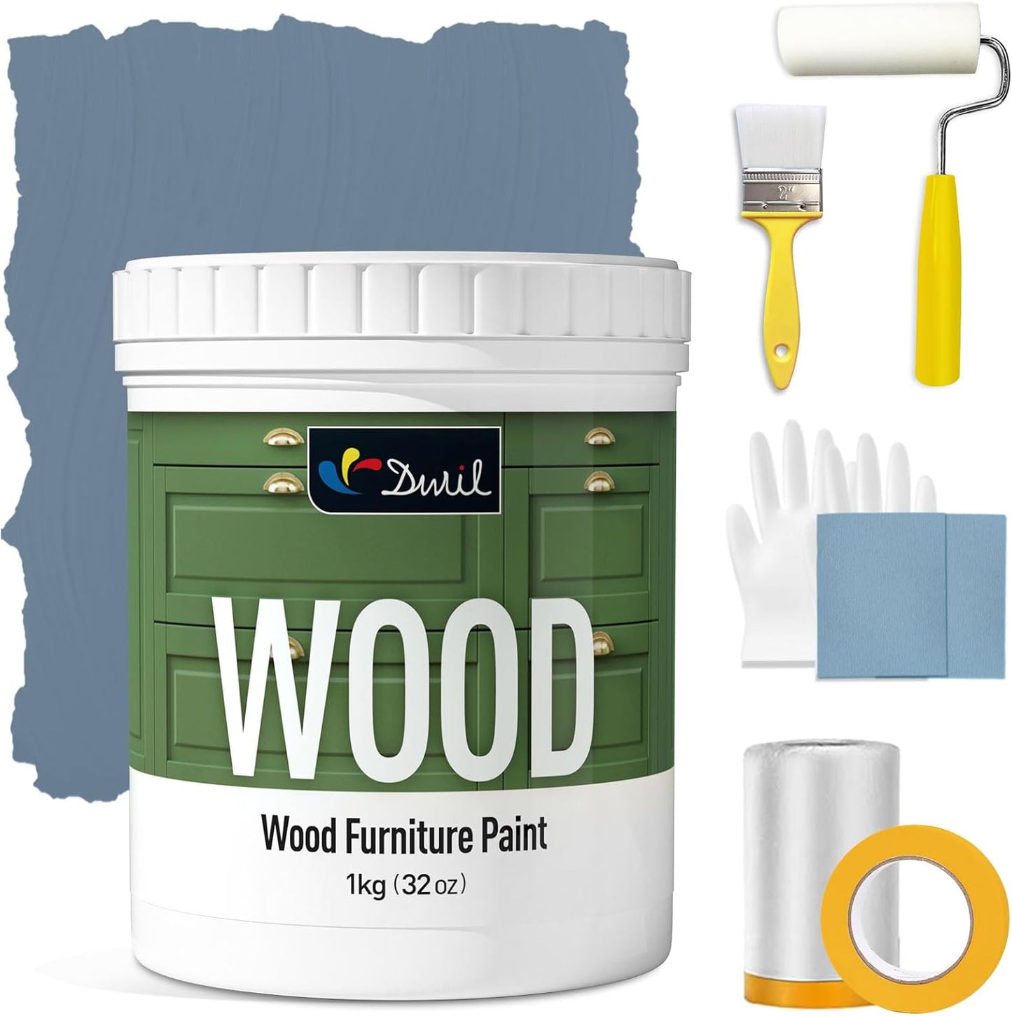 DWIL Matte Finish Furniture Paint - 32 Oz Wood Paint for Cabinets, Doors, Tables, and Dressers Refinishing - Water-Based, Non-Toxic & Odorless, Easy to Apply(Blue Grey)-With Tools