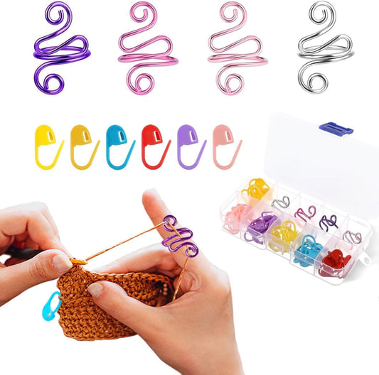 Hand Crochet Tension Rings Set, 4Pcs Crochet Ring + 60Pcs Stitch Markers, Adjustable Crochet Finger Guard, Yarn Tension Control Rings for Hand Crocheters Knitters, Moms (Multicolor)