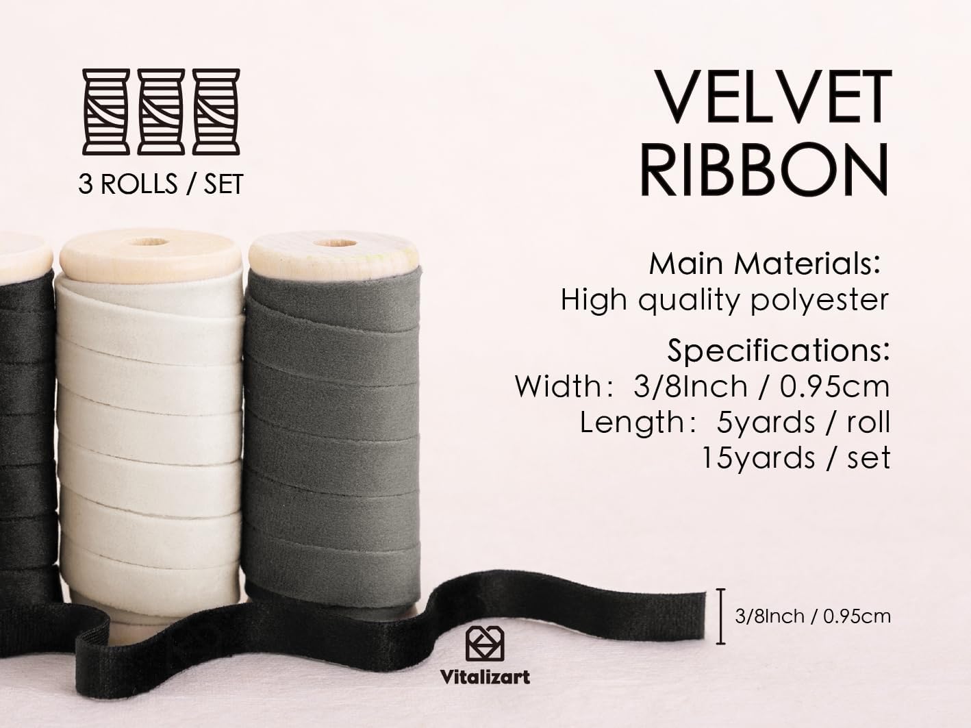 Vitalizart Velvet Ribbon Black White Set 3/8" x 15 Yd Wooden Spool Fabric Trim 3 Rolls * 5 Yd for Christmas Wreath Decoration Handmade Craft Ornaments Gift Wrapping & Bow Making