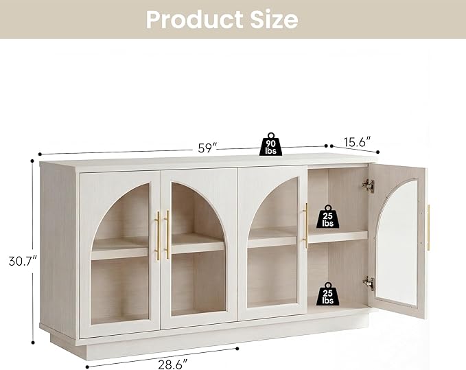 Fatmok 59" Buffet Cabinet with Glass Doors, Modern Arched Sideboard with Large - Image 2
