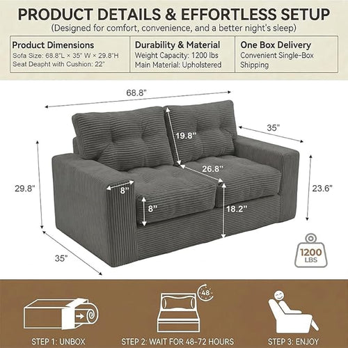 69" Corduroy Loveseat Sofa in a Box, High-Density Foam Couch, No Assembly - Image 2