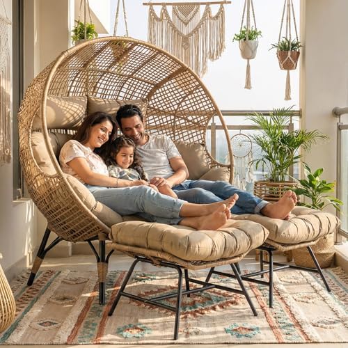 NICESOUL Double Egg Chair with Footstools & Cushions, Oversized Wicker Boho - Image 3
