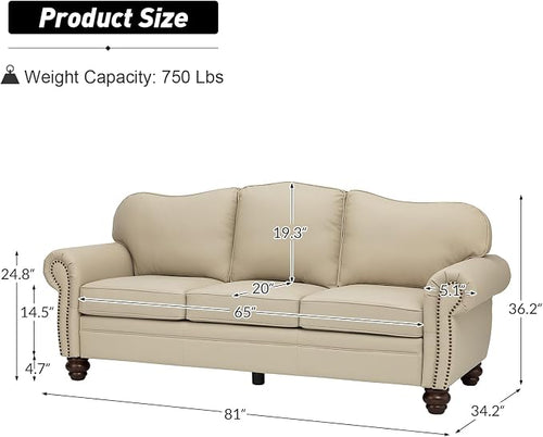 81" Genuine Leather Sofa, Classic 3-Seater Couchs - Image 2