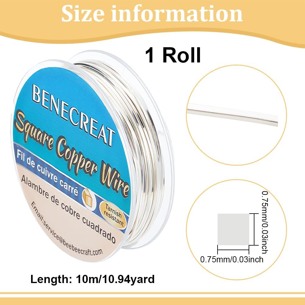 BENECREAT 33 Feet 21Gague Square Copper Wire, Silver Craft Copper Wire Tarnish Resistant Jewelry Wire for Jewelry, Hobby Craft Making, Floral, Decorations