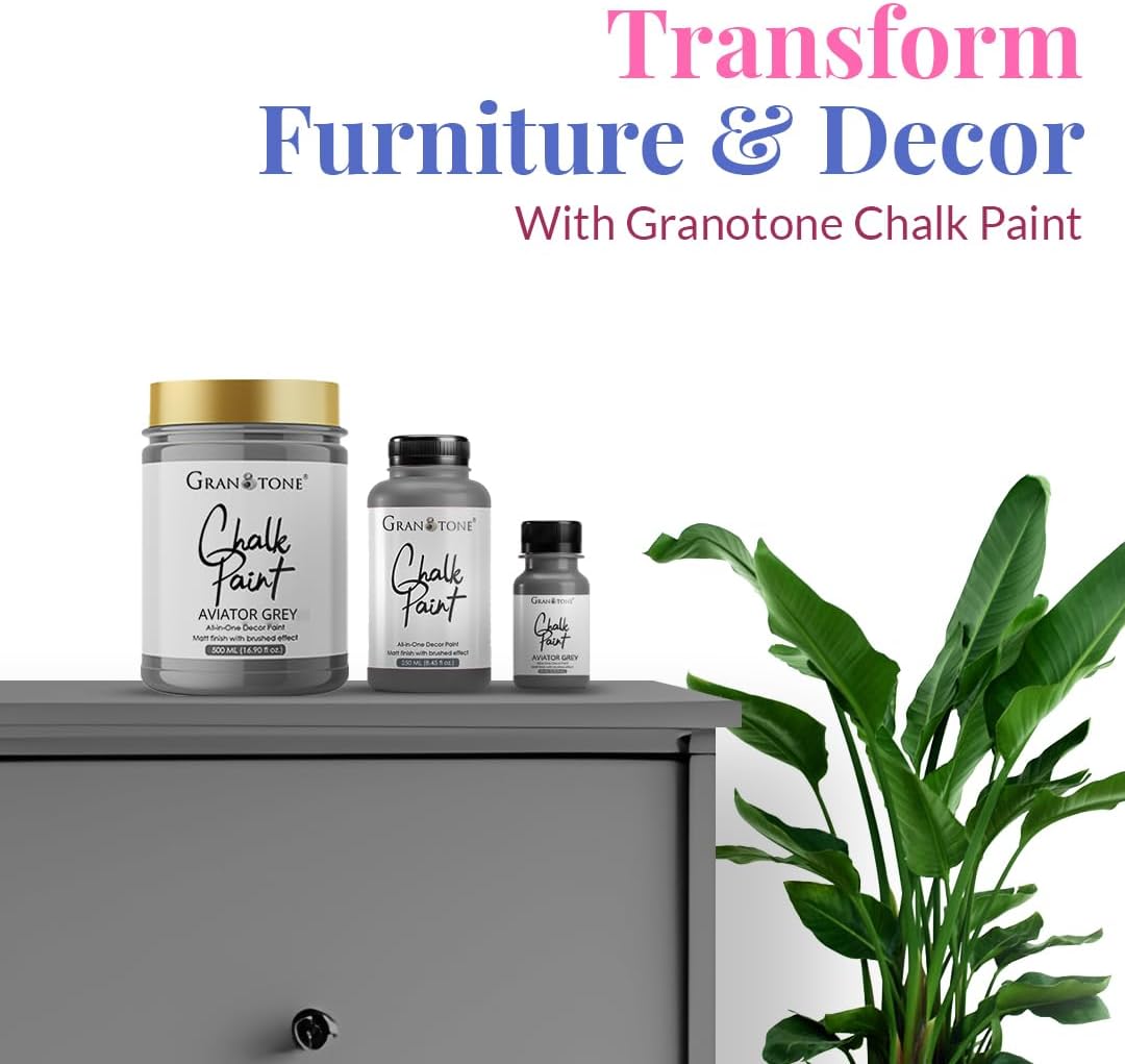 GRANOTONE Chalk Paint for Furniture, Matt-Finish Water-Based Acrylic Paint for Wood, Walls, Metal, Glass, Paper, Fabric Canvas, Maximum Coverage Chalk Paint for Kids & Adults, 500 Ml (AVIATOR GREY)