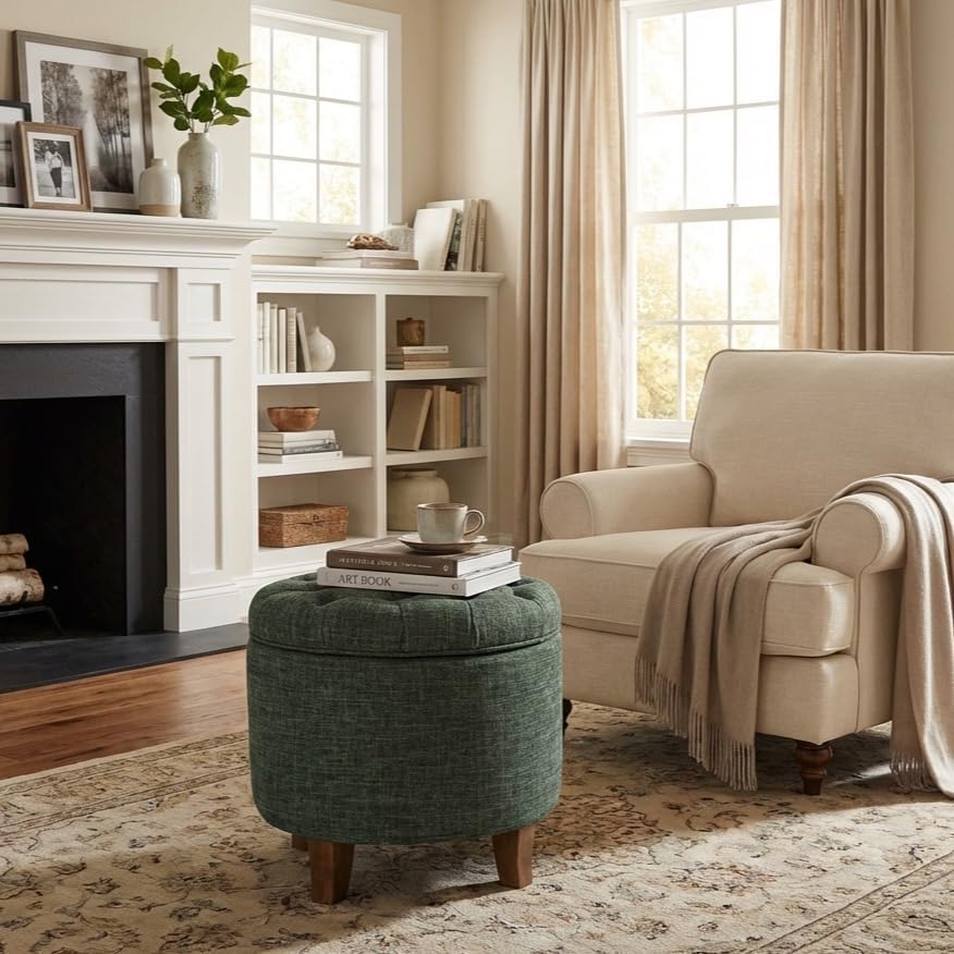 HomePop 19" Button Tufted Round Storage Ottoman - Image 2