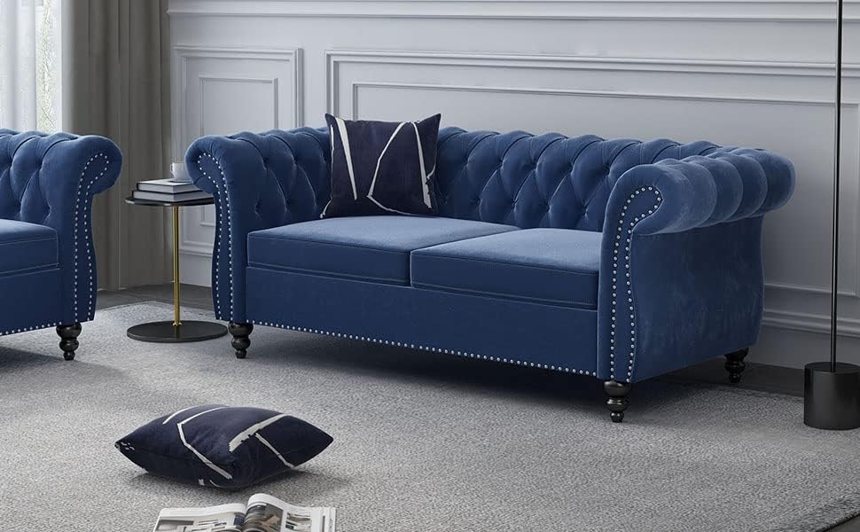 ORRD 2 Piece Living Room Set, Velvet Chesterfield Sofa Loveseat Couch Chair - Image 6