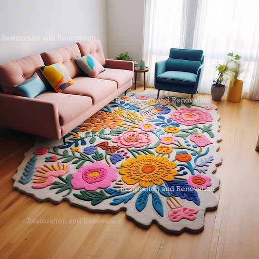 Handmade Wool Floral Area Rug for Living Room | Elegant Flower Garden Design, Soft, Thick and Durable | Bedroom, Dining Room & Home Decor Carpet (7' x 10', Floral H)