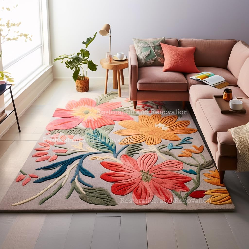 Handmade Wool Floral Area Rug for Living Room | Elegant Flower Garden Design, Soft, Thick and Durable | Bedroom, Dining Room & Home Decor Carpet (3' x 5', Floral A)