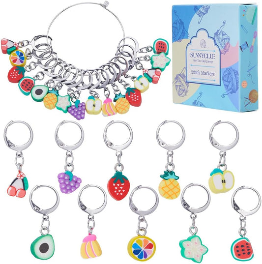 SUNNYCLUE 1 Box 40Pcs Stitch Markers Locking Crocheting Markers Knitting Fruit Polymer Clay Beads Cute Removable Clip on Charm Leverback Clasps Crochet Stitch Markers for Yarns Knit Crocheting Sewing