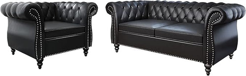 2 Piece Living Room Set, Chesterfield Leather Sofa Couch Chair by ORRD