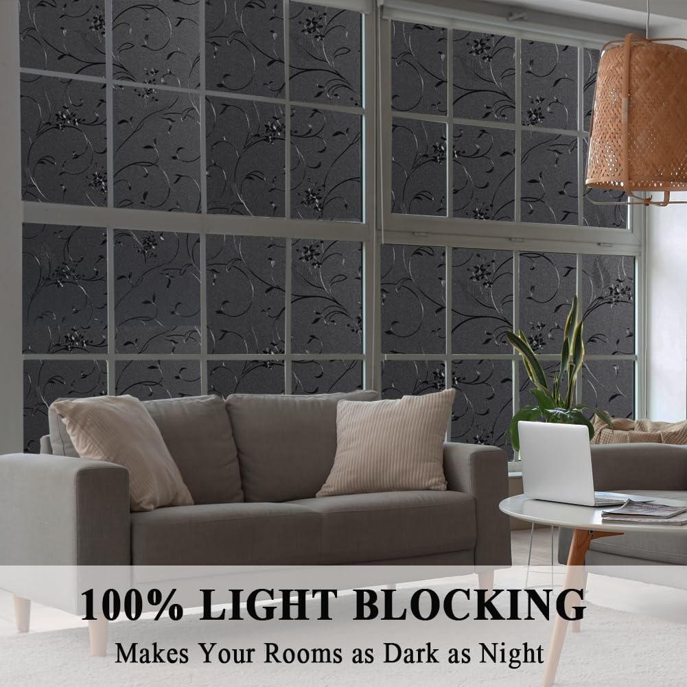 Mikomer Total Blackout Window Film,100% Light Blocking Privacy Glass Door Film Etched Flowers,Room Darkening Window Cling,No Glue/Heat Control/Anti UV for Day Sleep & High Privacy,35In. by 118In.