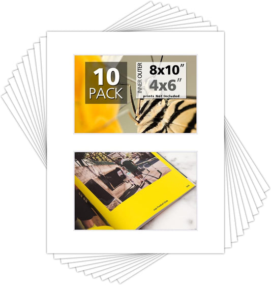 Mat Board Center, Pack of 10, Photo Picture Mats - Acid Free, 4-ply Thickness, White Core - for Pictures, Photos, Framing (8x10 for 2-4x6 White)