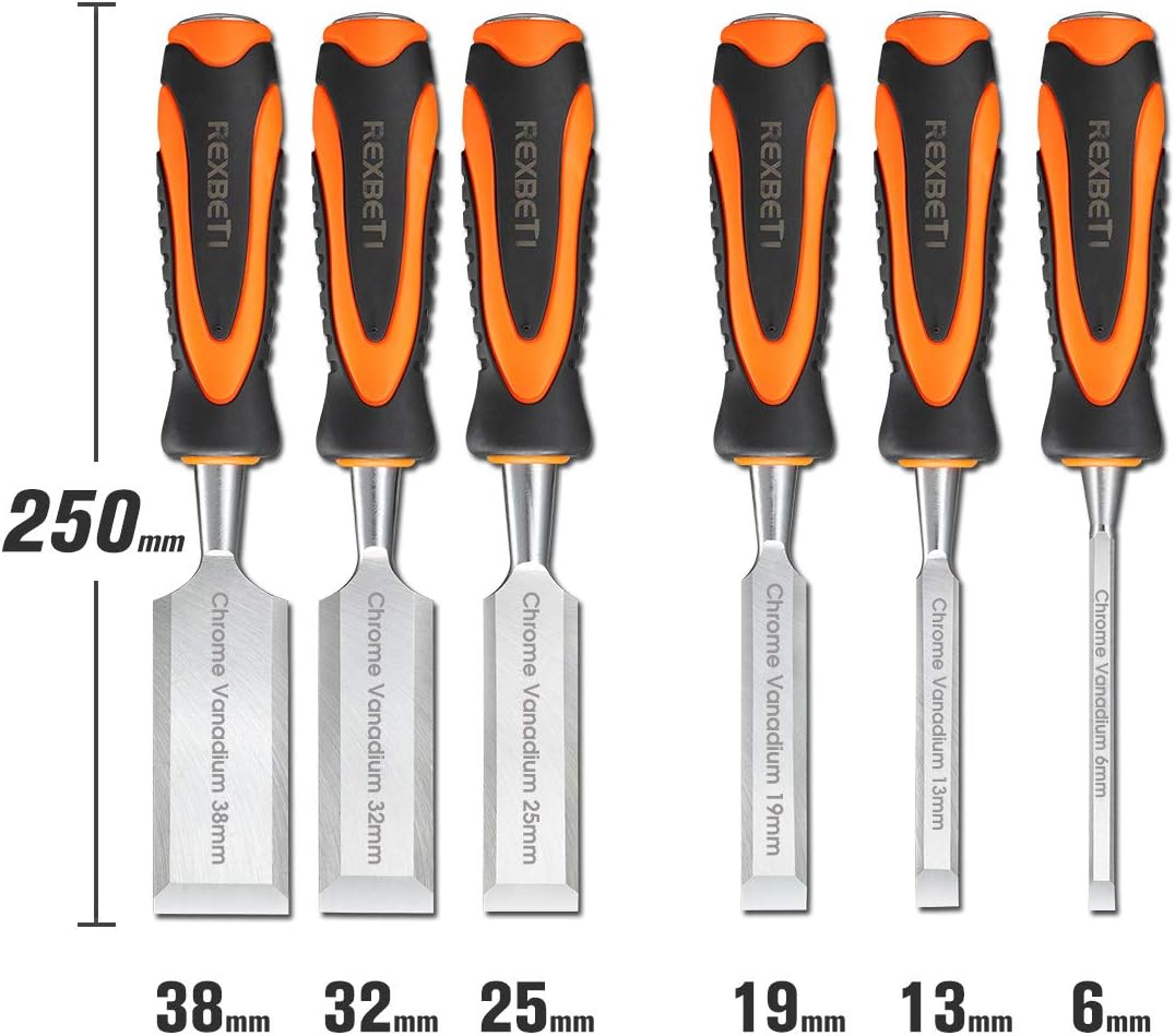 REXBETI 10pcs Premium Wood Chisel Set, 6pcs Wood Chisel with 1 Honing Guide, 1 Sharpening Stone and 2 Carpenter Pencils, Heat-Treated Cr-V Alloy Blades