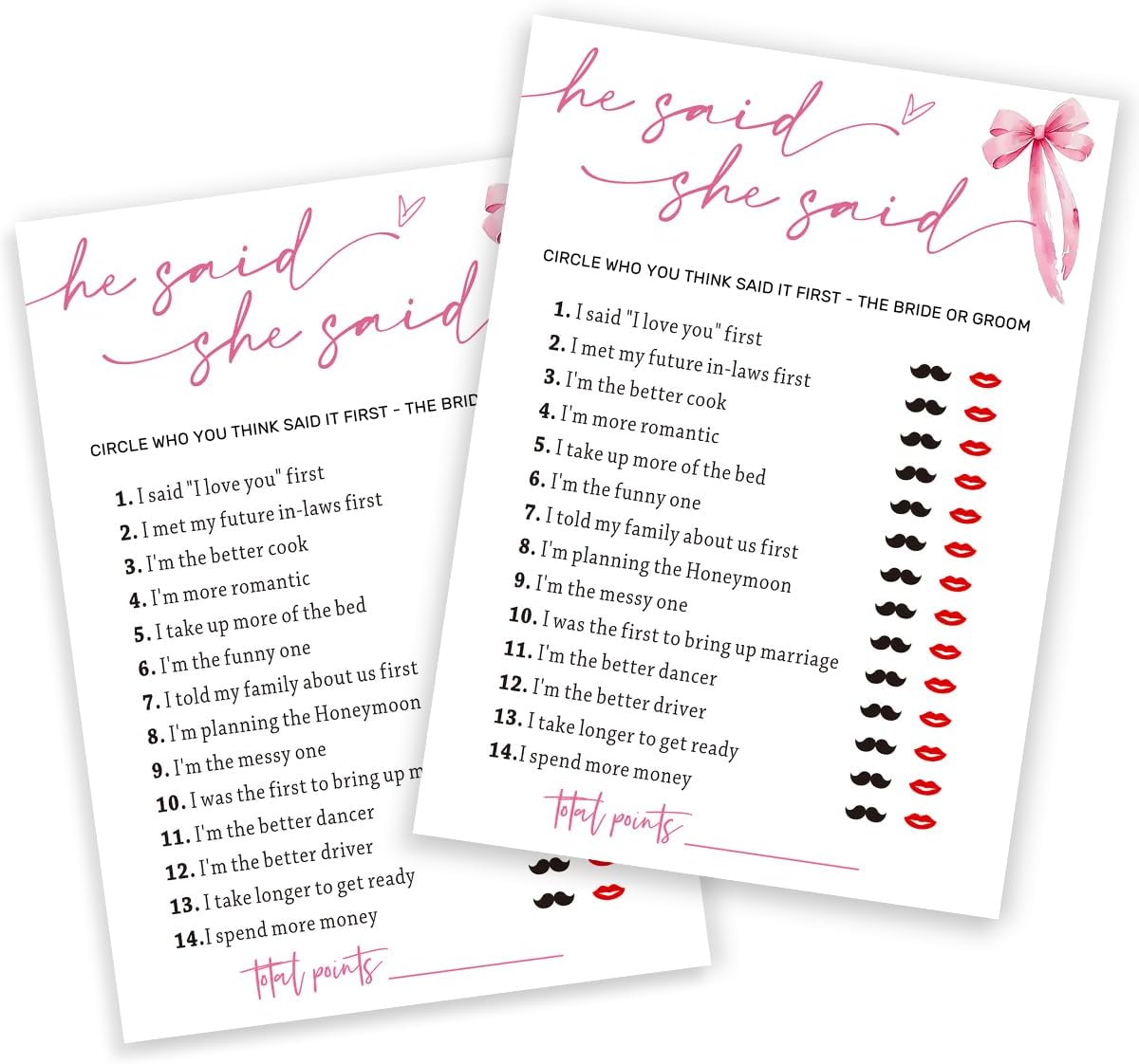 Wedding Shower Games Cards, Guest Who Said It, He Said She Said Game Cards, Bridal Shower Games 25 Guests, Engagement Party Wedding Games for Guests, Pink Ribbon Bow Wedding Party Supplies - E07