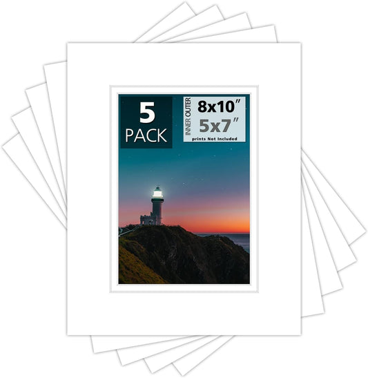Mat Board Center, Double Mat - Acid Free, 8-ply Thickness, White Core - for Pictures, Photos, Framing (White Over White, 8x10 for 5x7, Pack of 5)