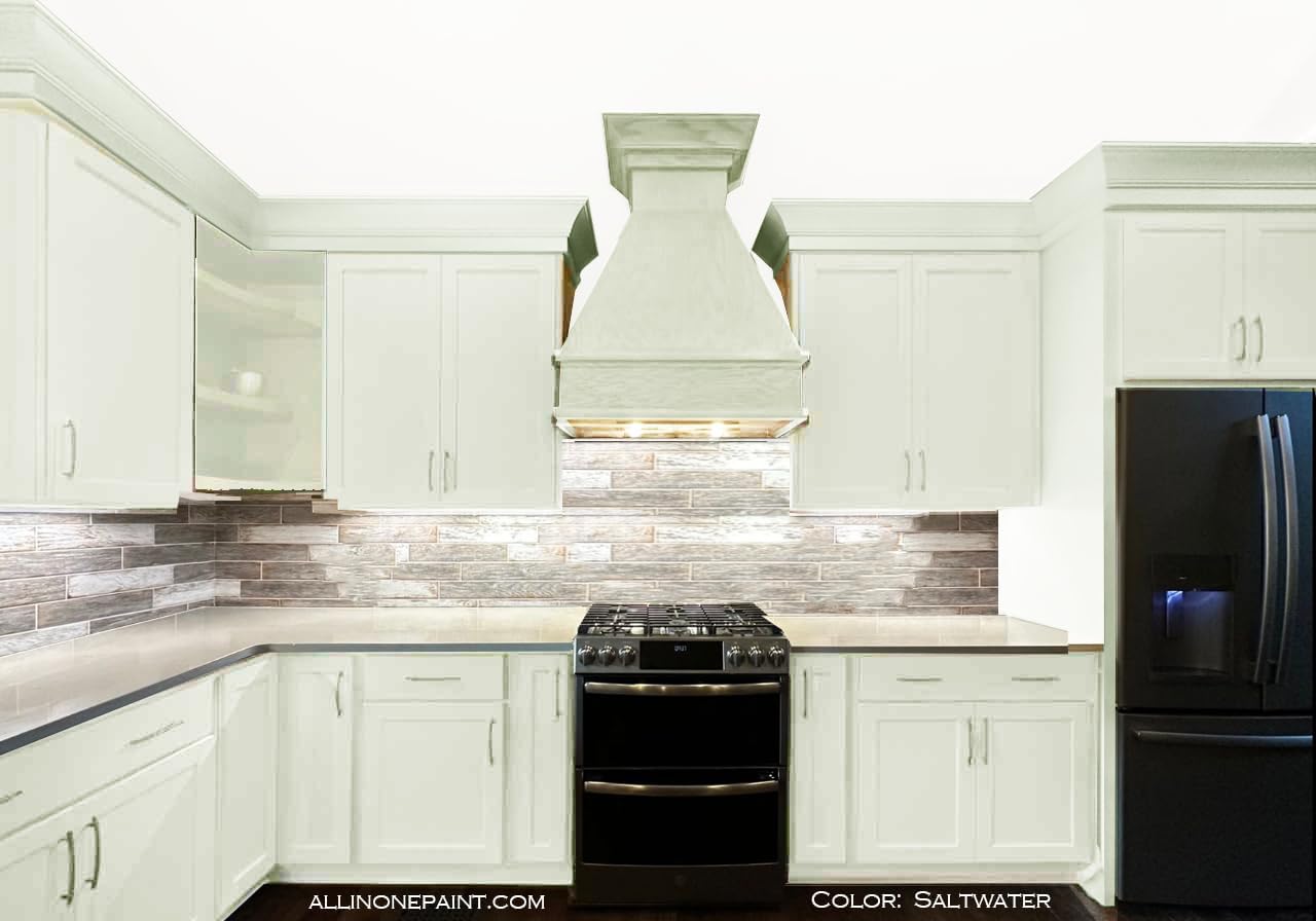 ALL-IN-ONE Paint, Durable cabinet and furniture paint. Built in primer and top coat, no sanding needed. Includes our 30 featured color card - Saltwater (pale green), Gallon