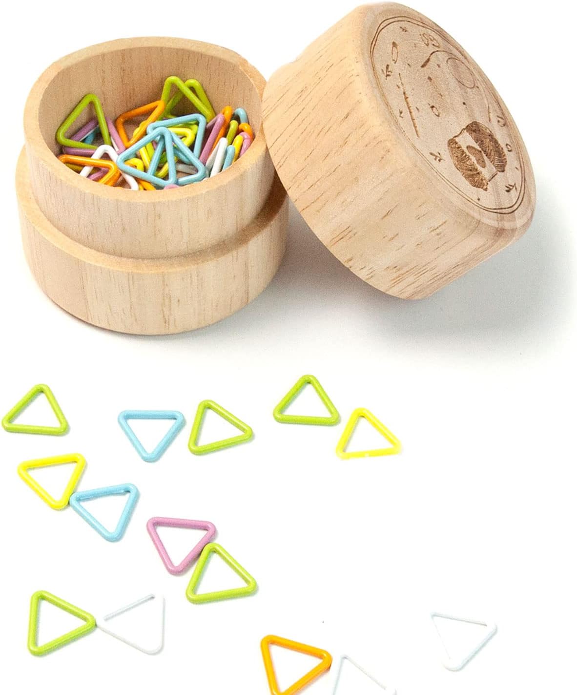 Hilsayum 60PCS Metal Stitch Markers Triangle-Shaped Ring Crochet Markers with Wooden Storage Box Knitting Tool for Sewing Weaving (Multicolored)