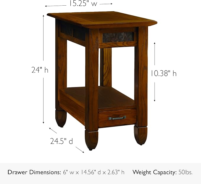 Leick Home Sibley End Table, Solid Wood, 1 Storage Drawer, Slate Tile Details - Image 3