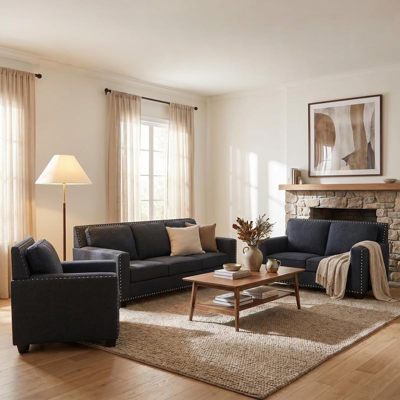 3-Piece Transitional Fabric Sofa Set, Living Room Couch by SCHUTEO