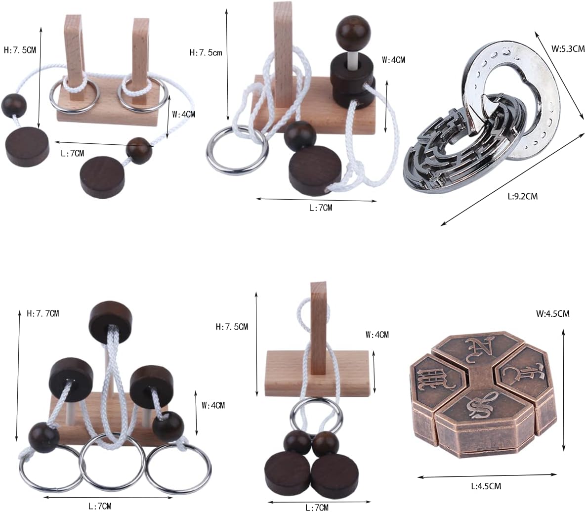 Wooden and Metal 3D Unlock Interlock Assorted Brain Teasers Puzzles，IQ Logic Training Family Game Party Favor Coffee Table Time Unlock Interlock Mind Puzzles Box（6Pcs）