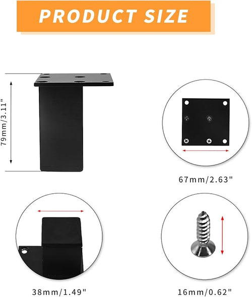 4Pcs 3Inch Metal Furniture Legs, Square Metal Cabinet Support Foot - Image 2