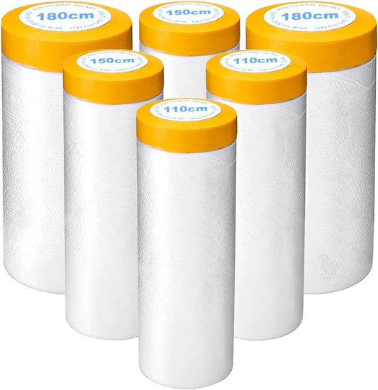 6 Pack Protective Masking Film with Tape 3.6/5/6 x 65 Ft Car Painters Plastic Sheeting Roll Tape and Drape Masking Film for Automotive Painting Covering Furniture, Auto Body, 3 Size