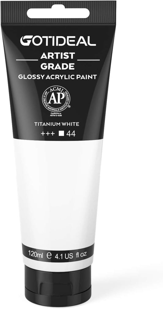 GOTIDEAL Acrylic Paint Titanium White Tubes(120ml, 4.1 oz) Non Toxic Non Fading,Rich Pigments for Painters, Adults & Kids, Ideal for Canvas Wood Clay Fabric Ceramic Craft Supplies (Titanium White)