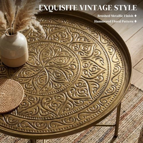 HOMCOM 24" Hammered Round Coffee Table Vintage Metal Side Table Gold - Image 5