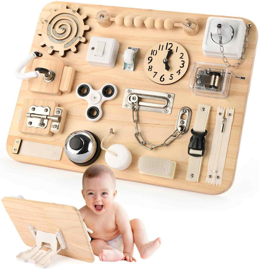 Potatomato Montessori Large Busy Board for 1 2 3 4 Year Old- Wooden Sensory Toys -Fidget Activity Board for Toddlers Boys and Girls- Motor Skills Gifts for ADHD & Autistic Children Kids