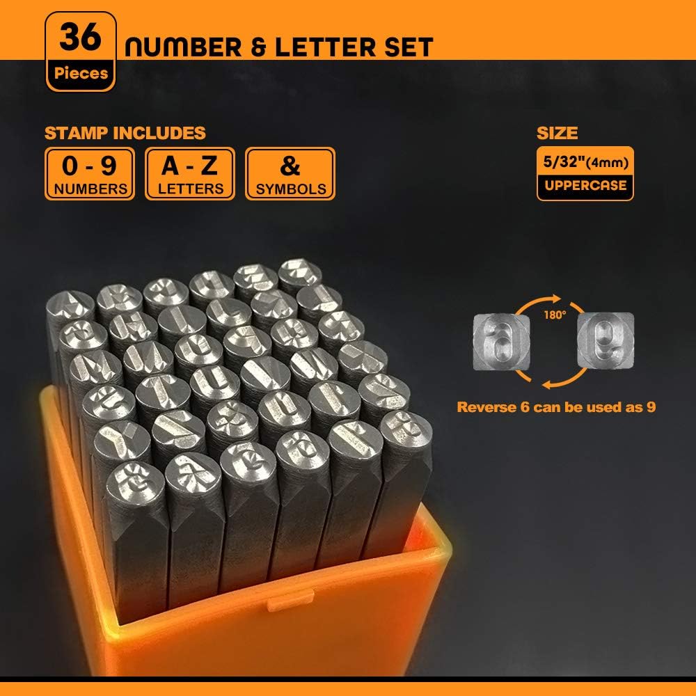 OWDEN Professional 36Pcs.Steel Metal Alphabet and Figure Punch Set (5/32”) 4mm Uppercase,Steel Number and Letter Punch Set, Jewelry Craft Stamping Tool.