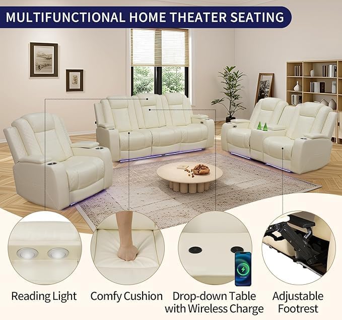 Power Recliner Set with LED Lights, Quilted Air Leather Reclining Set with USB - Image 3