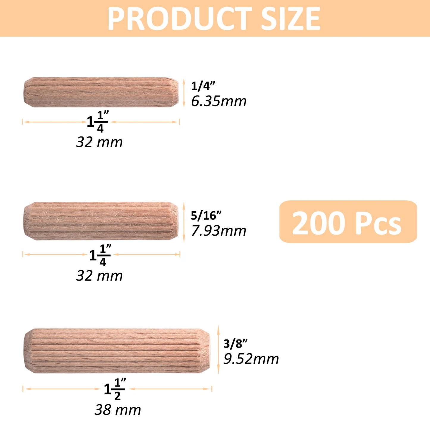 5/16-Inch Wooden Dowel Pins - 200 Pcs 5/16 x 1-1/4 inch Fluted Wood Dowels Rods,Hardwood Crafts Dowel Pegs,Beechwood