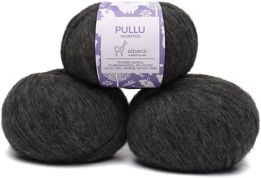 Pullu - Baby Alpaca Merino Wool Yarn Set of 3 Skeins (150 Grams) Worsted Weight - Sourced Directly from Peru - Heavenly Soft and Perfect for Knitting and Crocheting (Gray)