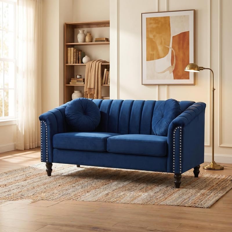Velvet Loveseat with Tufted Back & Nailhead Trim, Modern 2-Seater Vintage Sofa by SCHUTEO