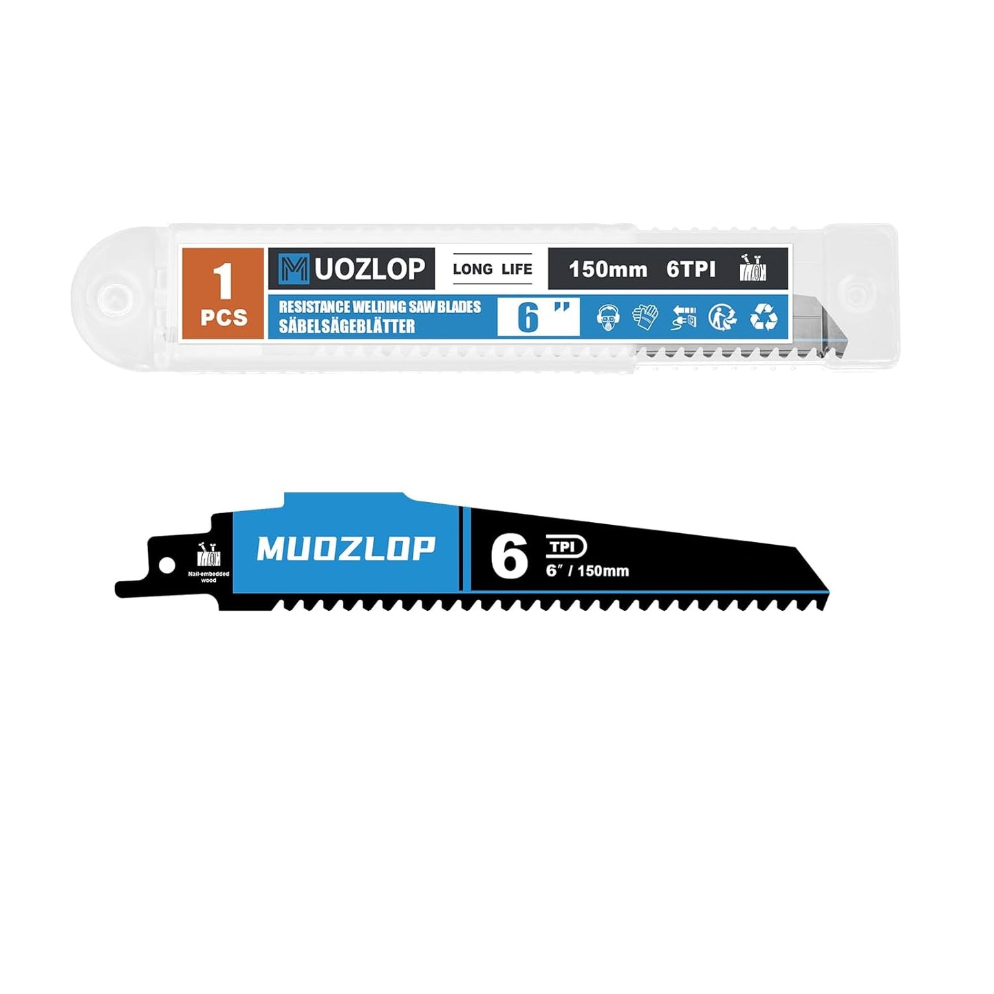 1 Pack 6 inch Reciprocating Saw Blades Set，6 TPI High Carbon Saw Blades for Wood with Nails ，Saw Blades with Organizer Case (1, 6T/6inch)