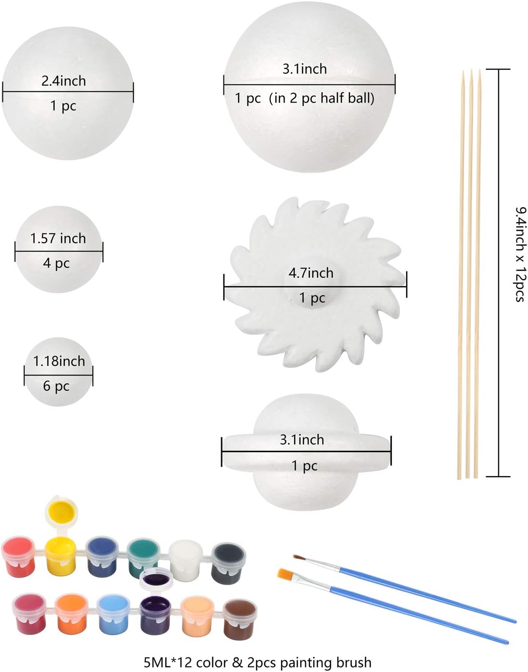 Pllieay Solar System Model Foam Ball Kit Includes 14PCS Mixed Sized Polystyrene Spheres Balls, 12PCS Bamboo Sticks, 12 Color Pigments, 2PCS Painting Brushes for School Science Projects