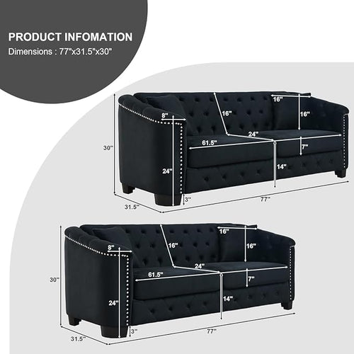 2 Piece Modern Chesterfield Velvet 77" 3-Seater Sofa Set, Upholstered Tufted - Image 2