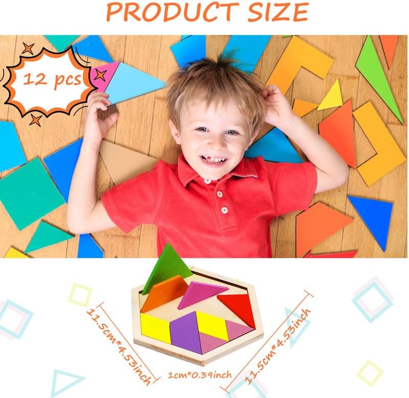 Meooeck 12 Pack Tangrams Wooden Puzzles Tangrams Classroom Set for Kids Shape Puzzles Brain Logic Blocks for Games Educational Gifts for Adults Kids Ages 4-8 8-12(Hexagon Style)