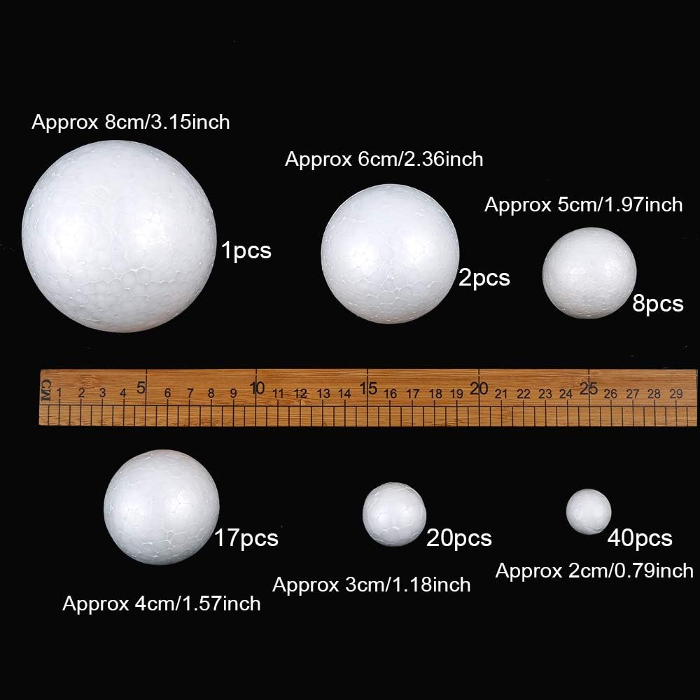 Pllieay 88 White Foam Balls - 6 Sizes, Polystyrene Craft Balls for DIY Art, Household and School Projects