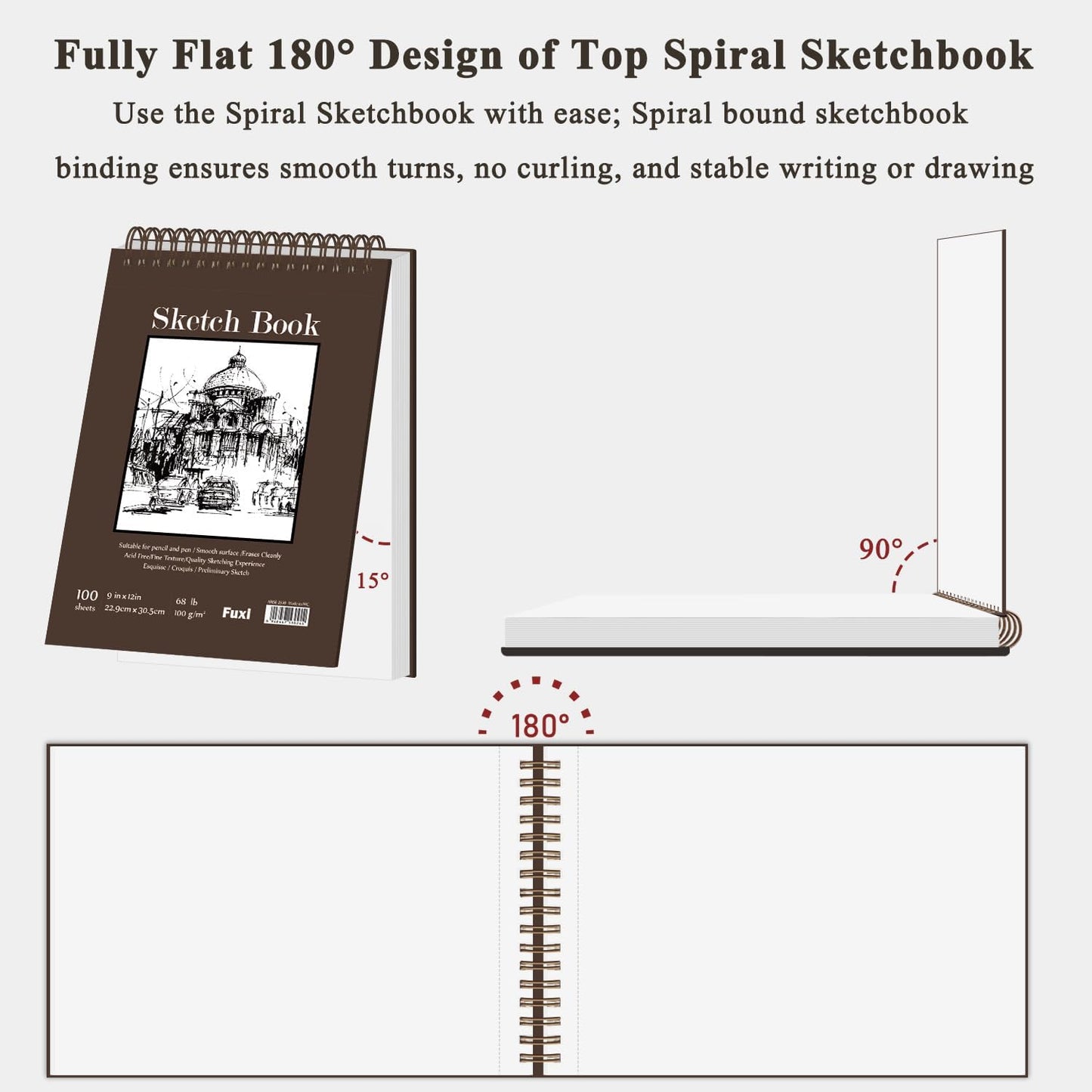 Fuxi 9" x 12" Sketch Book, Top Spiral Bound Sketch Pad, 100 Sheets 68lb/100gsm Acid-Free Drawing Paper, Art Sketchbook for Drawing Pad for Kids Artists & Beginners Professional Art Supplies for Adults