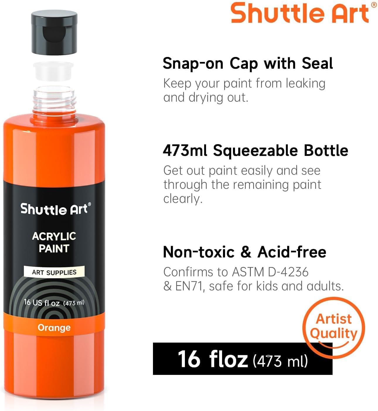 Shuttle Art Acrylic Paint, 15 Pack Acrylic Paint Large Bottle Set, 473ml/16oz Each, 14 Unique Colors and 1 More White, High Viscosity Art Paint for Artists, Beginner & Kids on Rocks Canvas WoodCeramic