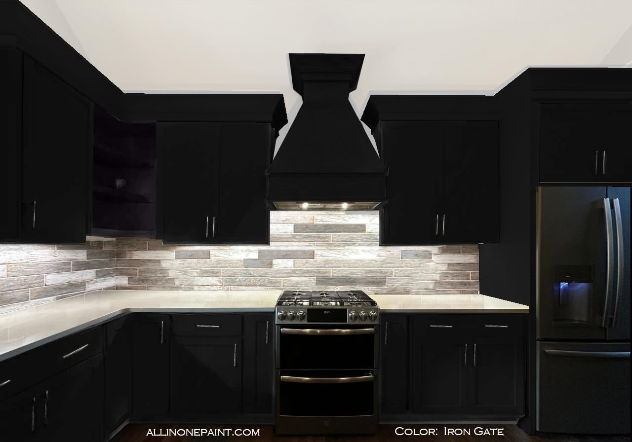 ALL-IN-ONE Paint, Durable cabinet and furniture paint. Built in primer and top coat, no sanding needed. Includes our 30 featured color card - Iron Gate (black), Gallon