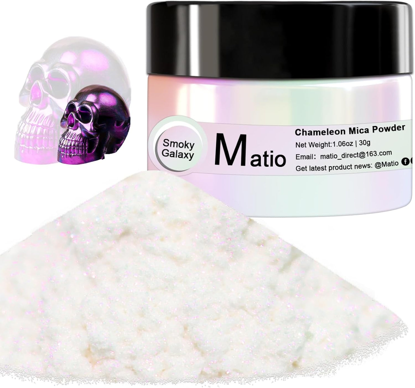 Matio Chameleon Mica Powder, 1.06oz/ 30g Smoky Galaxy White Chrome Powder, Pearlescent Effect Color Shift Pigment for Resin Craft, Soap Candle Dye, Nail Art, Makeup, Bath Bomb, Paint, Slime Pigment