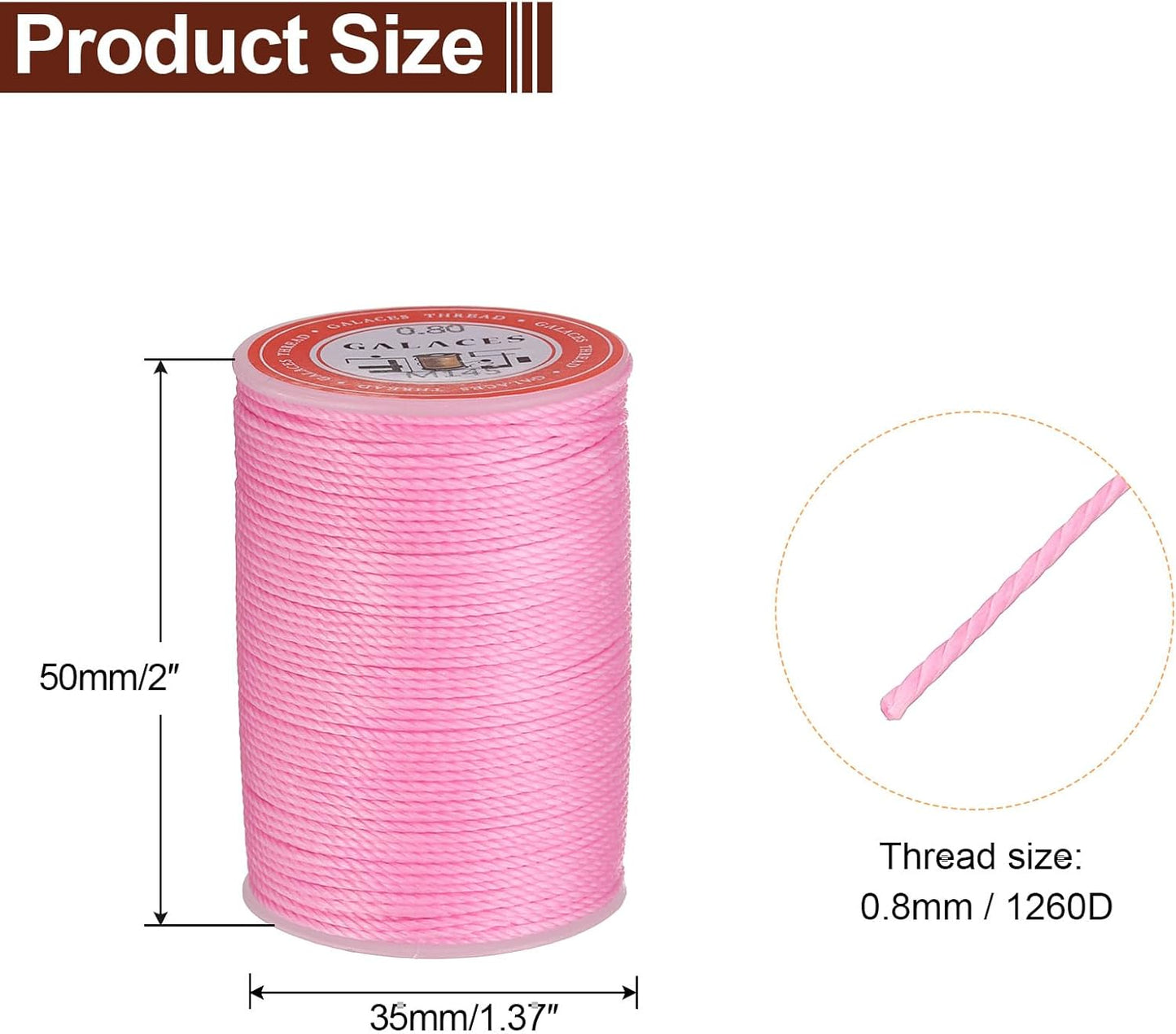 uxcell Round Leather Sewing Waxed Thread, 55m / 60 Yards Polyester Wax String, 0.80mm Wax Stitching Cord for Leather Crafts, Bookbinding, Bracelets Braided, Pink, 2pcs