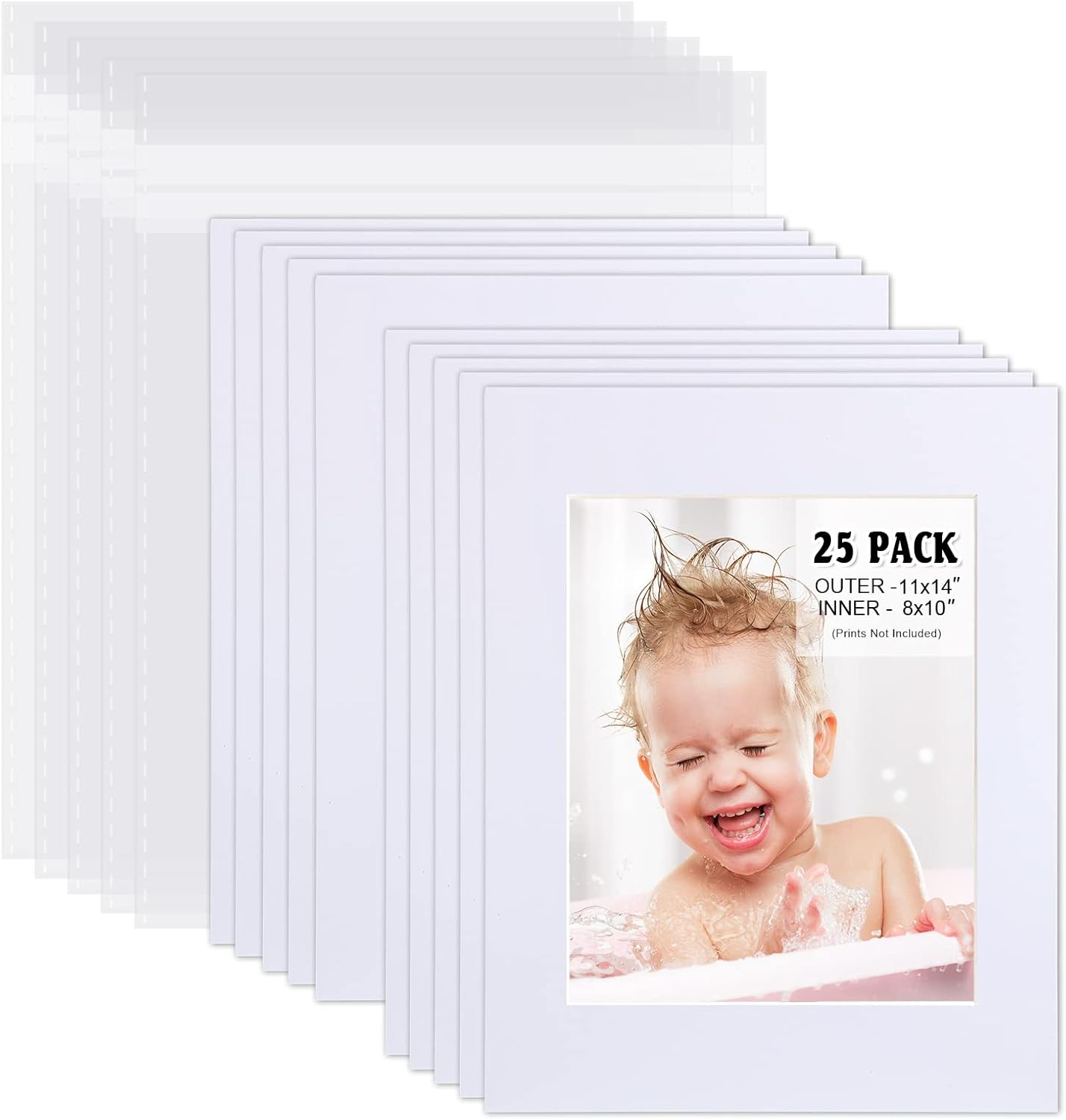 Egofine Pack of 25 White Pre-Cut Mat Board 11x14 Picture Mat for 8x10 Photo with White Core Bevel Cut Mattes Sets. Includes 25 High Premier Acid Free Mats & 25 Backing Board & 25 Clear Bags