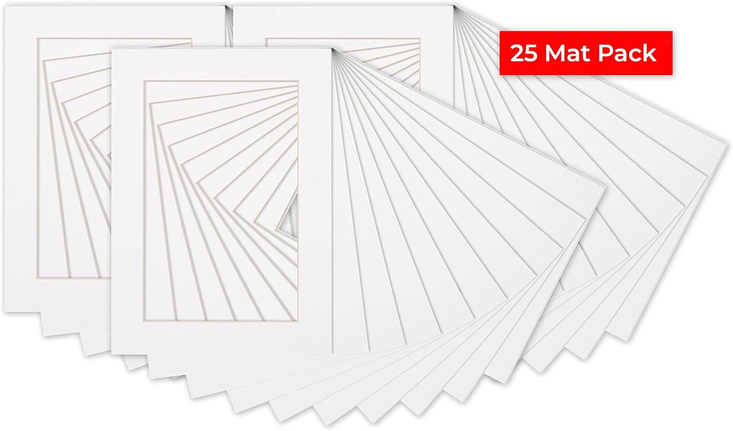 Pack of 25 Acid Free 8.5x11 Mats Bevel Cut for 7x9 Photos - White Precut Matboards for Pictures, Photos, Framing - 4-ply Thickness